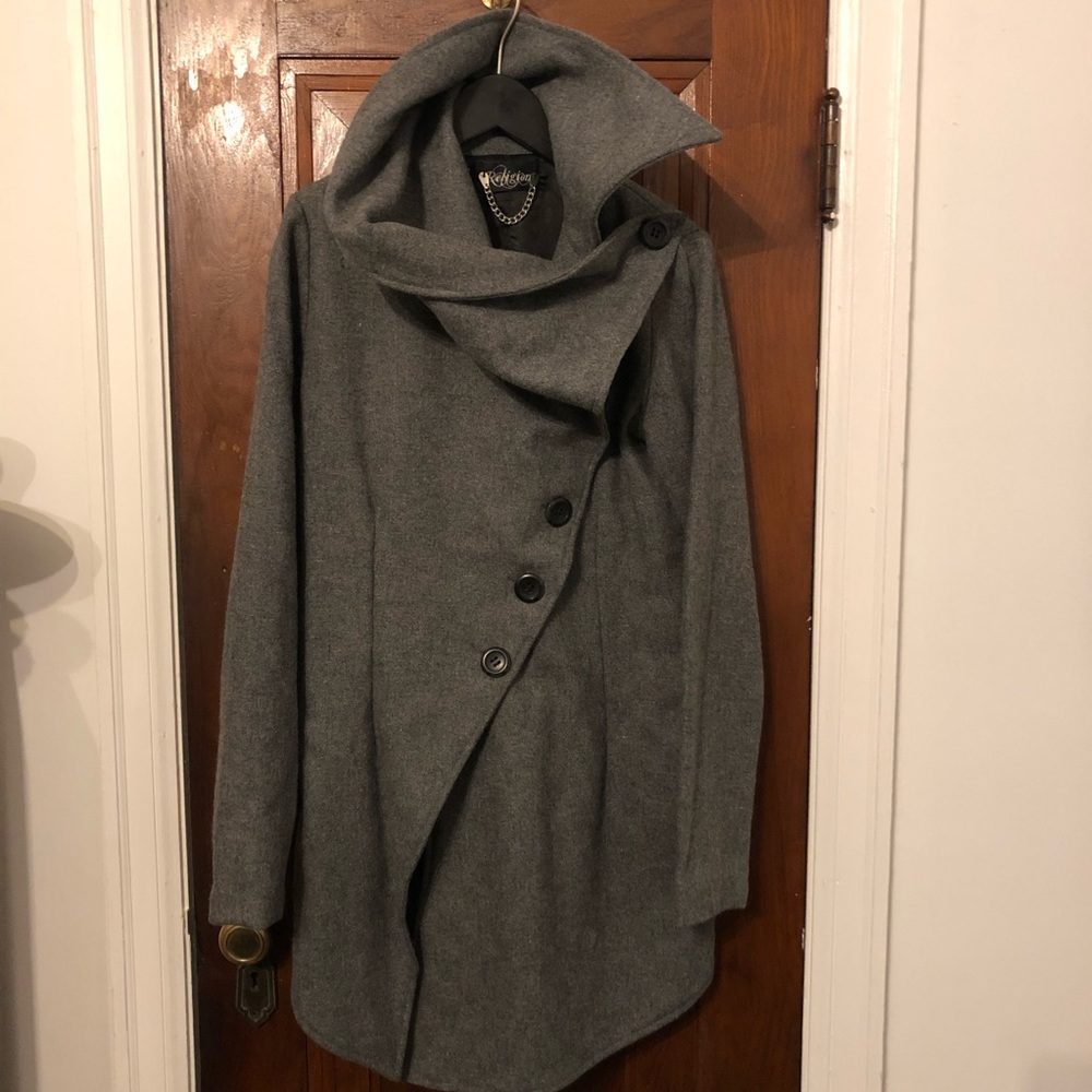 Religion Asymmetrical Drape Collar Coat